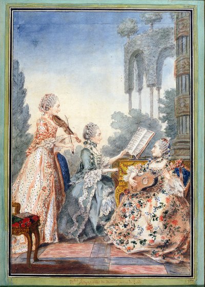 Le tre figlie del compositore Joseph-Nicolas-Pancrace Royer (c.1705-55) che suonano musica dal suo balletto Zaide, c.1760 da Louis Carrogis dit Carmontelle